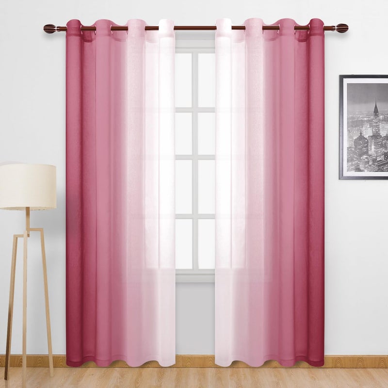DWCN Faux Linen Ombre Sheer Curtains - Semi Voile Gradient Grommet Top Curtains for Bedroom and Living Room, Set of 2 Window Curtain Panels, 52 x 84 Inches Long, Burgundy - Image 1